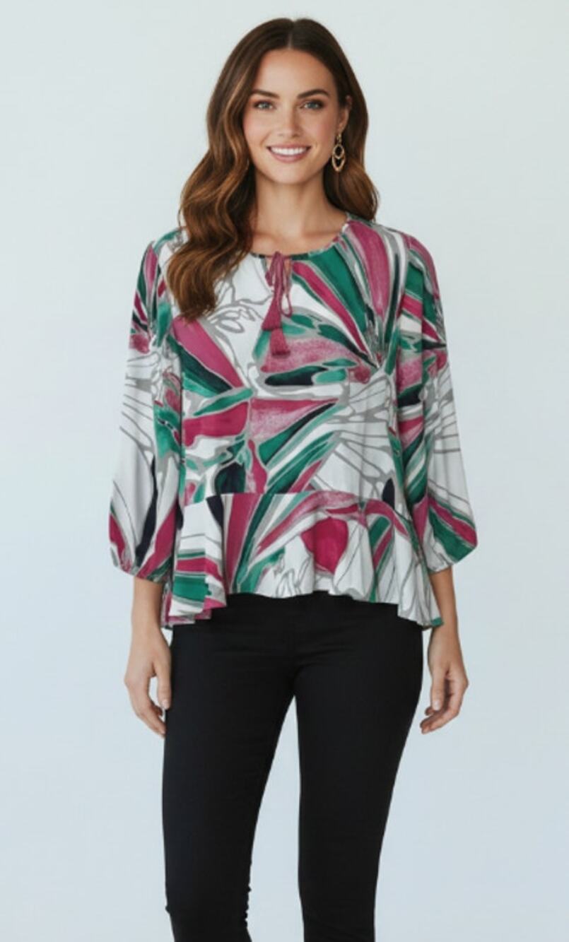 Chico's Top Womens Size 3 US 16|18 Popover Abstract Print Blouse Pink Green NWT
